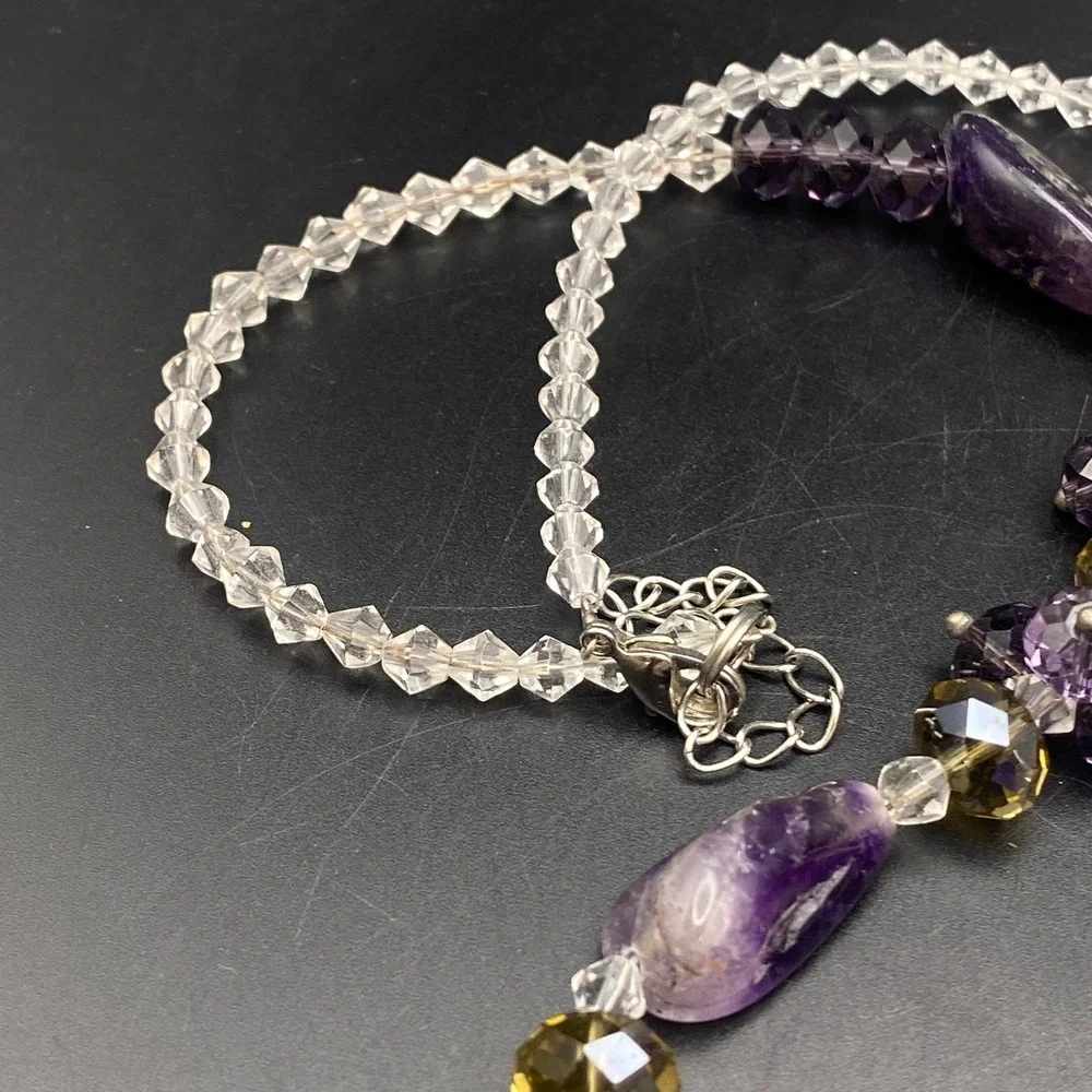 Amethyst Purple Stone and Faceted Glass Bead Adjustable Necklace Eclectic Style